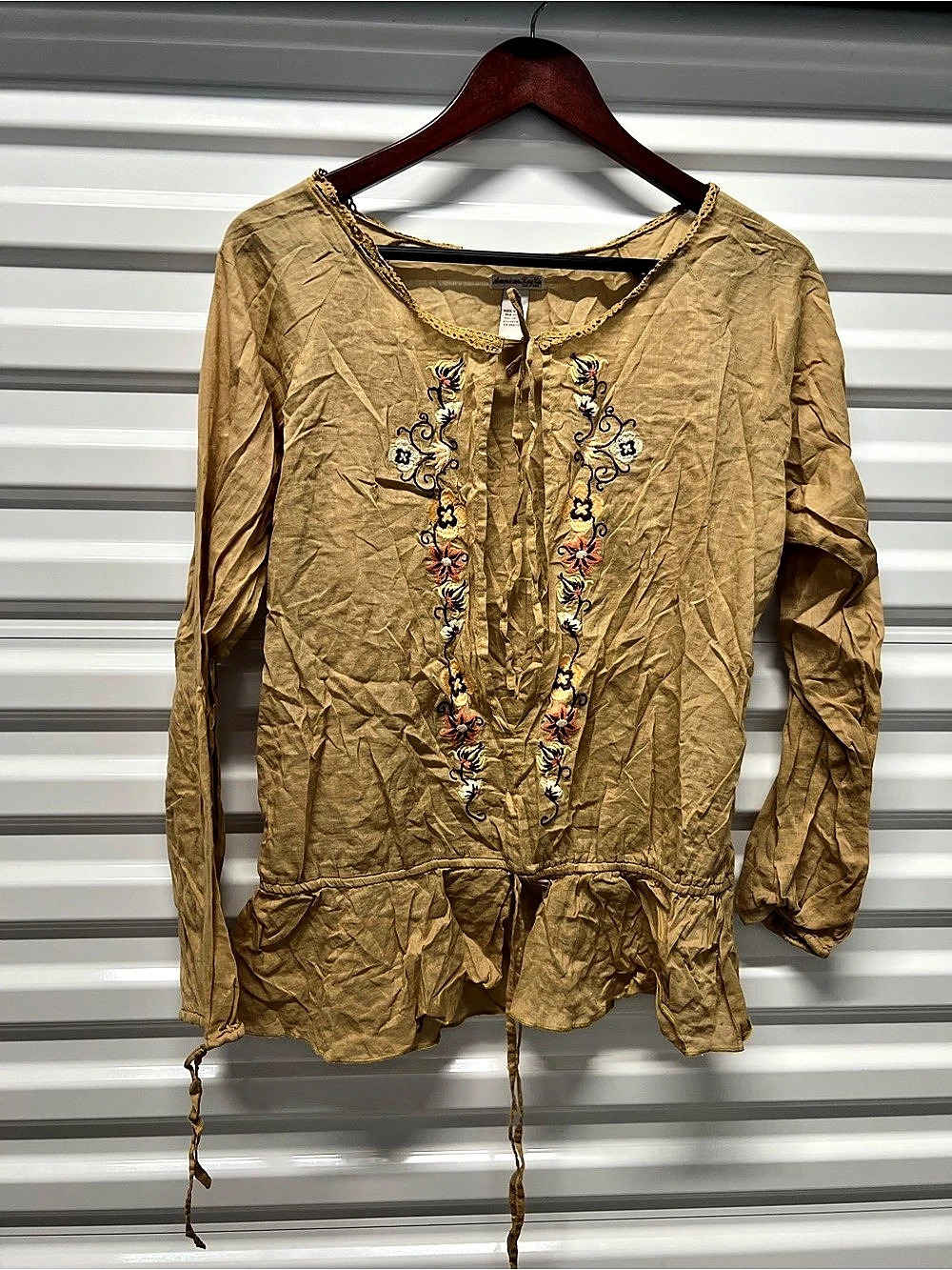 American Eagle Outfitters Embroidered Peplum Blouse in Brown Size Medium